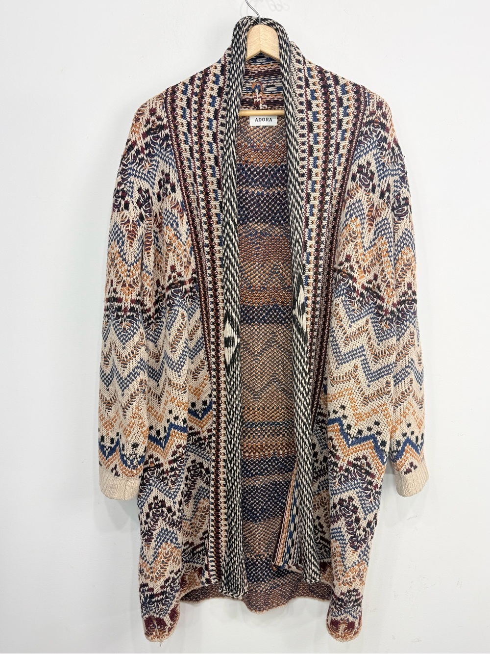 Adora Multi Color Ethnic Aztec Knit Open Front Long Tunic Cardigan Sweater
